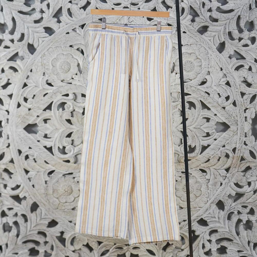 L.L.Bean White Blue Tan 100% Linen Pants Women’s 4 Wide Leg Striped Drawstring